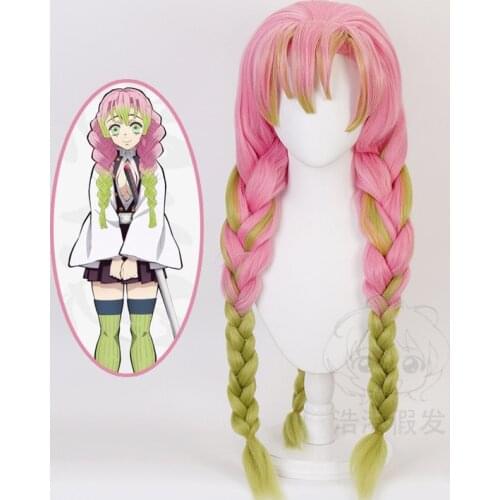 Demon Slayer Cosplay Costumes Kanroji Mitsuri Cosplay Wig for Girls Women Long Pink Mixed Green Braid Party Hair + Free Wig Cap