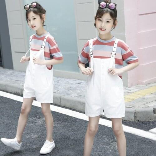 DIIMUU Summer Fashion Children Clothing Kids Girls Clothes Sets T-shirt + Overalls 2Pcs 5-13 Years Kids Baby Girl Outfits Suit