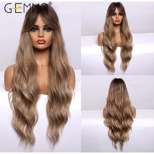 GEMMA Ombre Black Brown Gray Ash Long Wavy Synthetic Wigs with Bangs Natural Cosplay Daily Heat Resistant Hair for Black Women