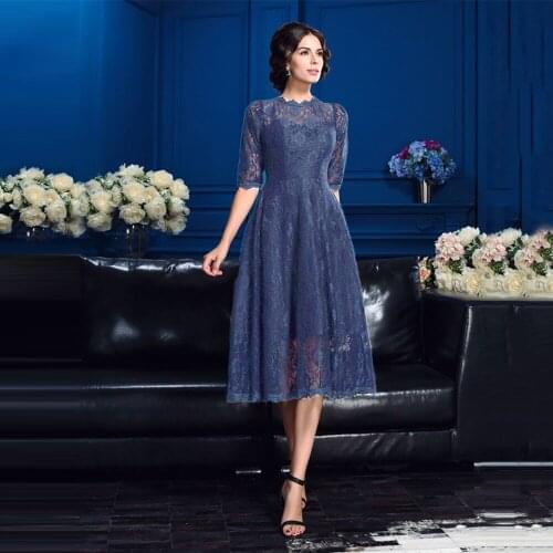 Elegant Short Wedding Party Dress Plus Size Tea Length Half Sleeves Lace O Neck Womans Evening Mother Of The Bride Dresses