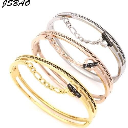 JSBAO Design Luxury Brand Stainless Steel Chain With Accessories Engraved "BLVOER" Cuff Bracelet Bangle Women Fashion Jewelry