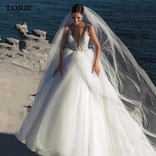LORIE Beach Wedding Dress Ball Gown Sleeveless Appliqued Lace Elegant White Ivory Princess Bride Dresses 2021