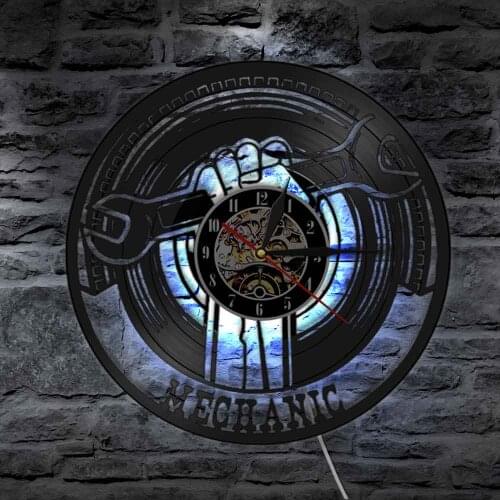 Mechanic Tools Car Service Wall Art Colck Wrench Vinyl Record Wall Clock with LED Night Light Gift For Repairman Garage Decor