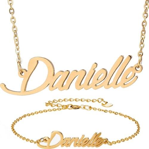 Fashion Stainless Steel Name Necklace + Bracelet Set " Danielle "Script Letter Gold Choker Chain Necklace Pendant Nameplate Gift