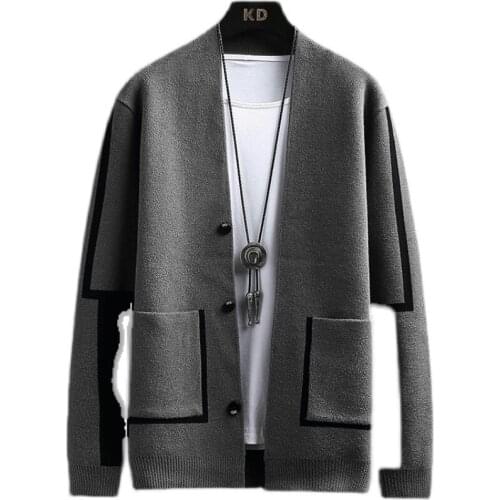2021 Autumn & Winter New Style Fashion Cardigan Sweater Mens Jacket Casual Slim V-neck Color Panel Male Coat M-3XL