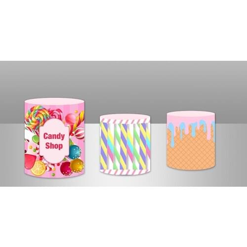 Custom Kids Birthday Photo Backdrops Sweet Party Backdrop Banner Candy Bar Plinth Cover Cylinder