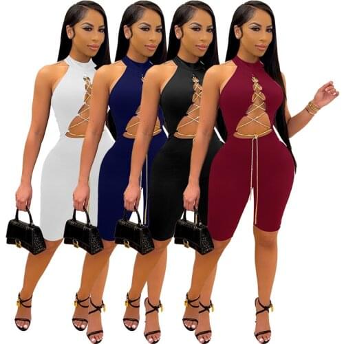 Casual Streetwear Hollow Out Lace Up Playsuit Romper Sexy Round Neck Sleeveless Backless Shorts Slim Club Jumpsuit Women Outfits