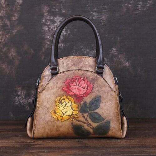 Luxury Handbags Women Bags Designer Printing Floral Tote Bag Ladies Vintage Genuine Leather Handbag Mother Retro Messenger Bags