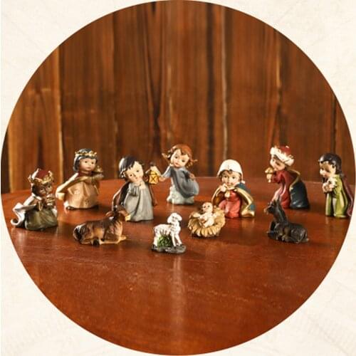 Resin Nativity Xmas Figurine Jesus Hand Painted Manger Miniatures Ornaments
