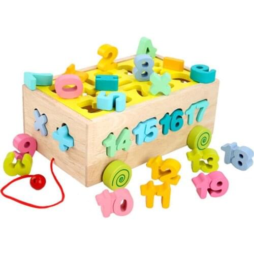 Wooden Pull Along Car Colorful Number Shape Blocks Pairing Education Kids Toy