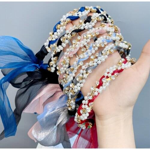 WYINYA Big diamond pearl embellished chiffon bow headband female Korean lady headdress summer travel hair accessory