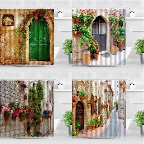 Town Flowers Street Scenery Shower Curtain Retro Wooden Door Building Floral Plant Bathroom Decor Cloth Bath Curtains With Hooks