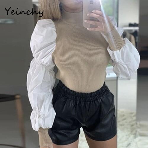 Yeinchy women high neck long Puff sleeve knitted autumn winter top FM6238