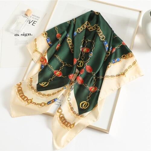 2021 Silk Feeling Square Scarf Women Bandana Foulard Hijab Scarves Luxury Design Print Headband Chain Neckerchief Neck Shawls