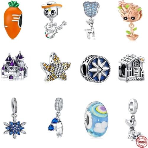 2021 New Real 925 Sterling Silver Carrot Skull Starfish Castle Charm Fit Original Pandora Bracelet and Necklace Jewelry Gift