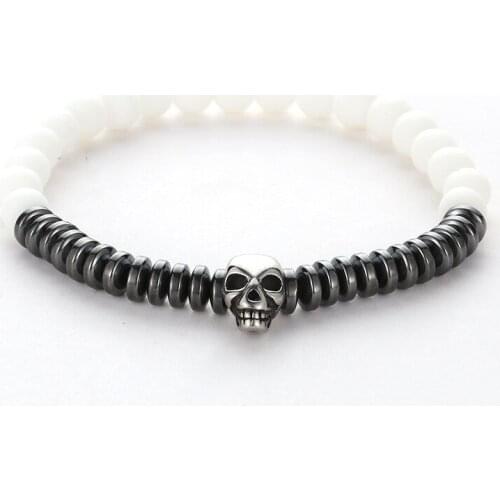 New Fashion Stainless Steel Skull Bangles Jewelry 6mm Round Black White Stone Beads Bracelet Alloy Septa Women Men Classic Gift