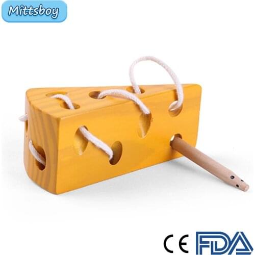 Montessori Simulation 3D Wooden Toys Simulation Cheese Beading Games Kitchen Food Model Early Educational Toys for Children Gift