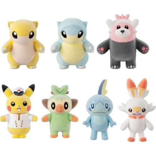 Bandai Genuine Gashapon Pokemon Anime Figures Flocking Doll Pikachu Grookey Scorbunny Sobble Bewear Collectible Hand-Made Toys
