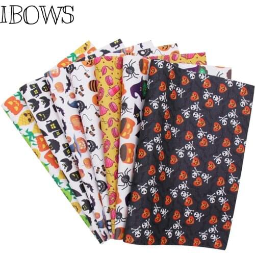 IBOWS 22*30cm Snythetic Leather Sheet Haloween Pumpkin Spider Faux Leather Vinyl Fabric for DIY Hairbow Bags Crafts Bow Material
