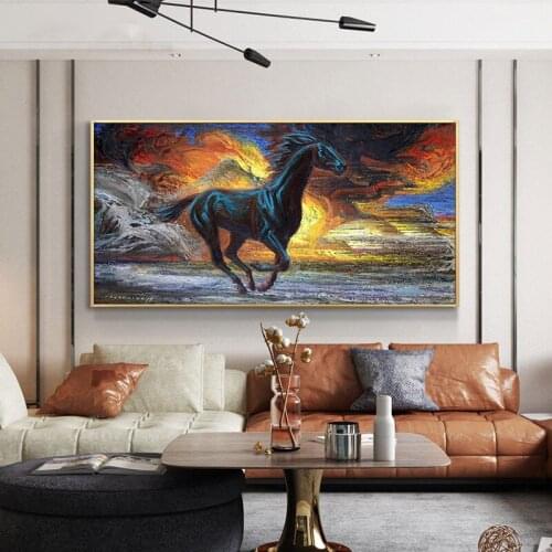 Modern Black Horses Running Oil Painting HD Print on Canvas Poster Home Decor Wall Art Picture for Living Room Sofa Cuadros