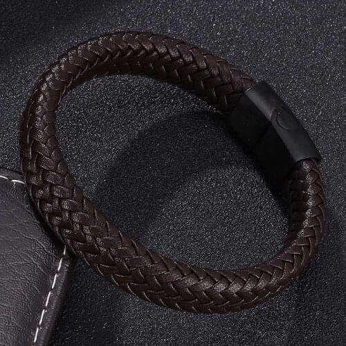 Classic Black/Brown Braided Leather Bracelet Men Stainless Steel Magnetic Clasps Male Wrist Band Bangles Fashion Jewelry Gifts