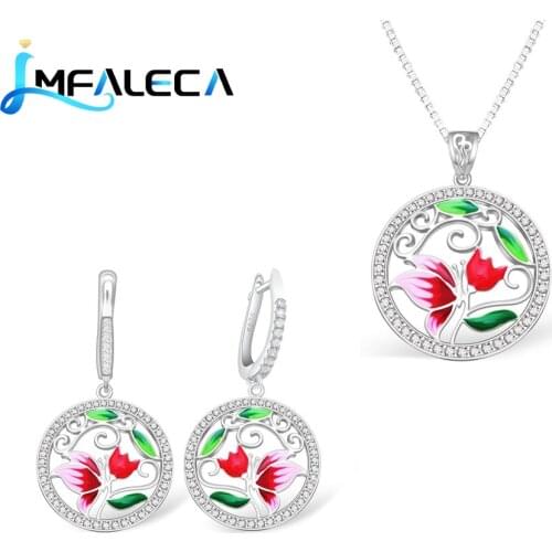 LMFALECA 925 Sterling Silver Necklace Earrings Jewelry Sets for Women Shiny Red Enamel Flower Accessories Luxury Fine Jewelry