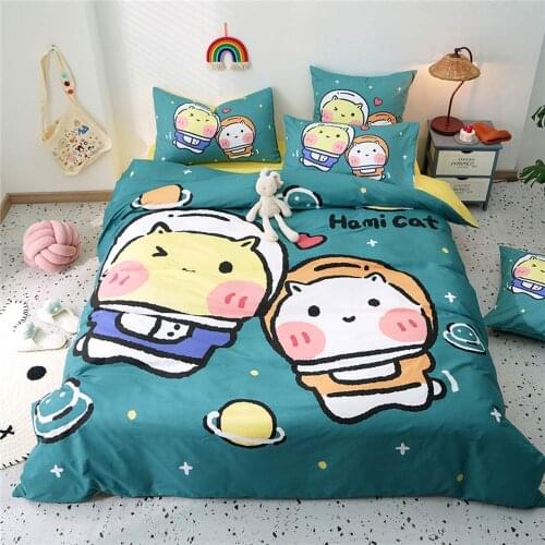 Cartoon Dark Green Space Stars Cats Bedding Sets Twin Queen Flat Sheet Fitted Sheet High Count Cotton Bedlinens Duvet Cover Set