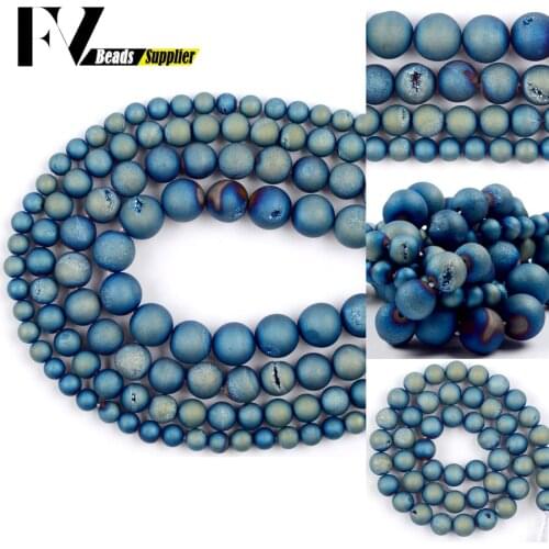 Metallic Natural Light Blue Druzy Agates Beads For Jewelry Making 6/8/10/12mm Round Loose Spacer Beads Diy Bracelet Charms 15
