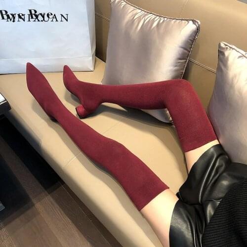 MNIXUAN Handmade Knitted slim stretch boots over the knee thigh high boots 2019 new pointed toe slip on medium heels long boots