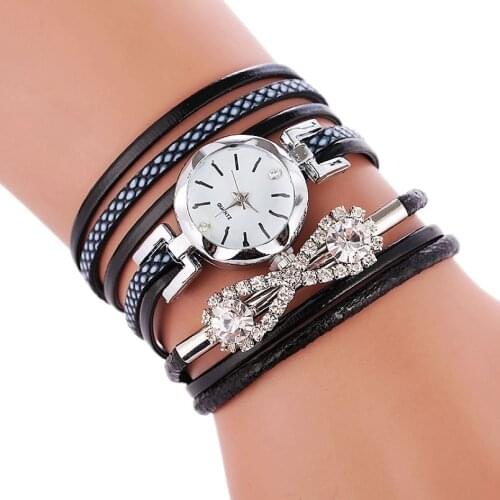 Hot fashion leather women bowknot crystal quartz Wa elegance wristwatch for women long strap rhinestone watches