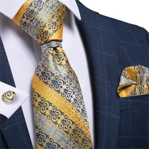 DiBanGu Design Mens Necktie Yellow Blue Striped Silk Wedding Tie For Men Fashion Bussiness Party Tie Hanky Cufflinks Ring Set