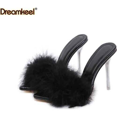 Women Mules Shoes Sandals Woman Sexy High Heels Shoes PU Leather with Feather Peep Toe Transparent Summer High Heel Slippers Y