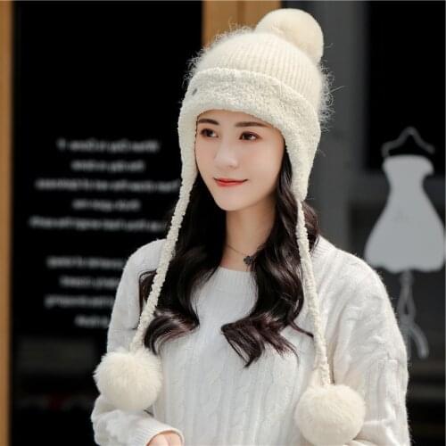New Hat & Earmuffs Set Women Winter Hats Add High Quality Fur Lined Warm Lambswool Knitted Hat For Female Keep Face Warmer Pompo