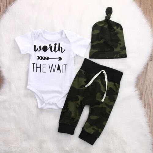 Newborn Baby Boy Cotton Tops Letter Print Bodysuit Harem Pants Hat Camo Outfits Set Clothes With Hats 3Pcs Toddler Suit