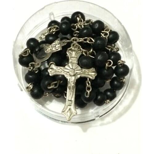 Wholesale 12pcs/lot mix color Black Wooden Beads Rosary Necklace Virgin Mary & Jesus Connector Wood Cross free ship
