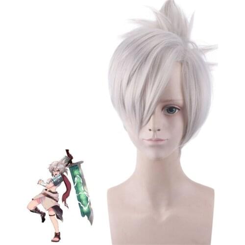 LOL Riven the Blade of Exile Wig Cosplay Costume Silver Grey Short Synthetic Hair League of Legends Wigs with Chip Ponytail
