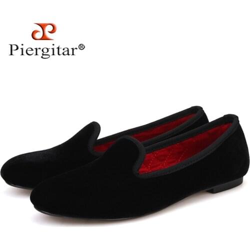 Piergitar 2021 Plain Velvet Loafers Women Handmade Britain Style Womens Casual Shoes Red Cotton Insole Woman Flat Shoe