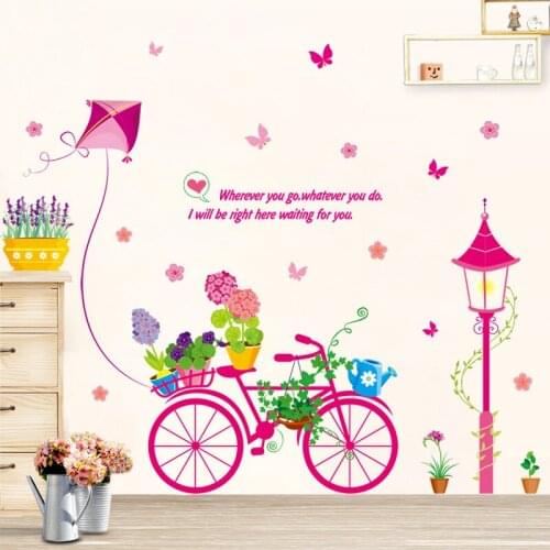 Romantic bicycle kite wall sticker Vinyl DIY potted butterfly flower wall decals For Childrens room bedroom home decor sticker