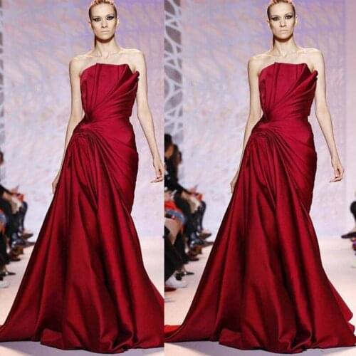 Zuhair Murad Dark Red Evening Dresses Ruffle Strapless Formal Women Prom Gowns Ladies Red Carpet Runway Fashion Gowns