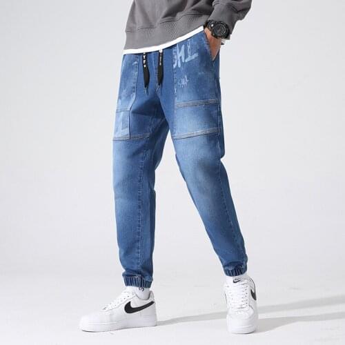 Spring Autumn Black Blue Casual Tapered Jeans Men Stretched Cotton Streetwear Denim Jogger Pants Male Print Jean Trousers 8XL