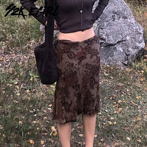 Y2K EGIRL Brown Low Rise Skirts Fairy Grunge Aesthetics Floral Print Mesh Double Layer A-line Midi Skirts Goblin Core Outfits