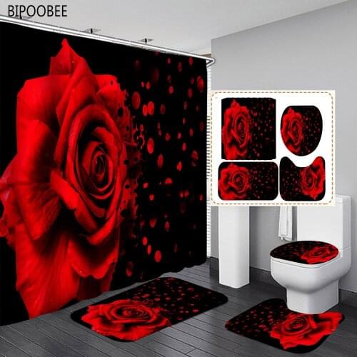Red Rose Flowers Bathroom Curtains Black Fabric Shower Curtain Set Bath Mats Rugs Toilet Lid Cover Anti-skid Carpet Home Decor