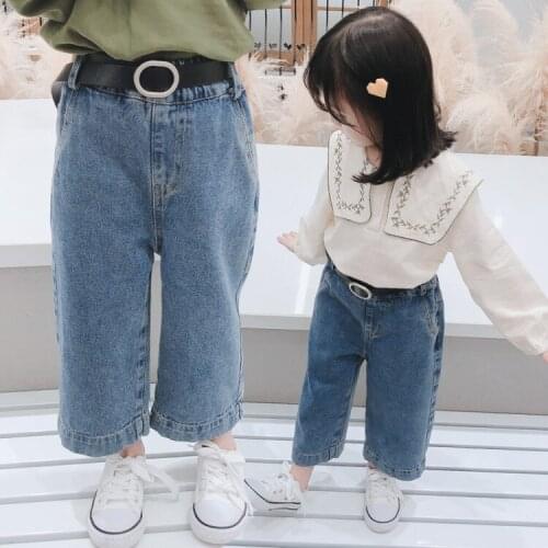 2-8y Girls Wear Casual Pants Spring Autumn Baby Stretch Fashion Loose Wide-leg Pants Belt Jeans Childrens Long Pants Trousers