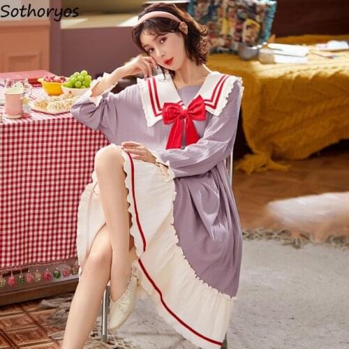 Patchwork Ruffles Bow Women Nightgowns Kawaii Fashion Soft Turn-down Collar Long Sleeve Sleepwear Chic Korean Style Colorful New