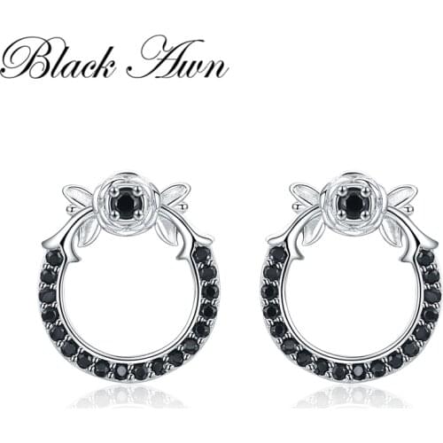 [BLACK AWN] Flower 925 Sterling Silver Jewelry Engagement Stud Earrings for Women Cute Boucle D'oreille I110