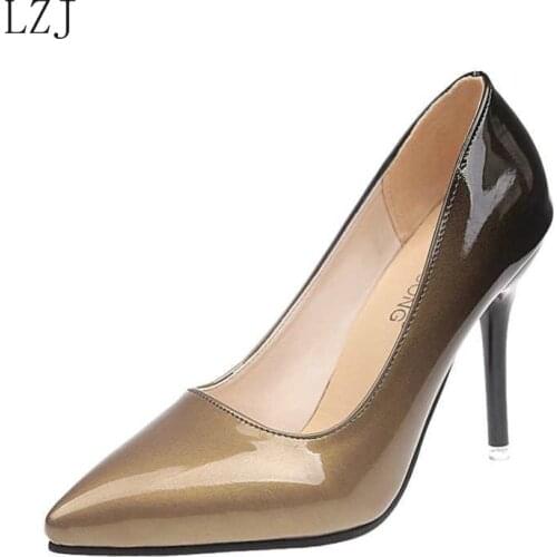 2020 Shadow Women Shoes Pointed Toe Pumps Patent Leather Dress Wine Red 10CM High Heels Boat Shoes Wedding Shoes Zapatos Mujer