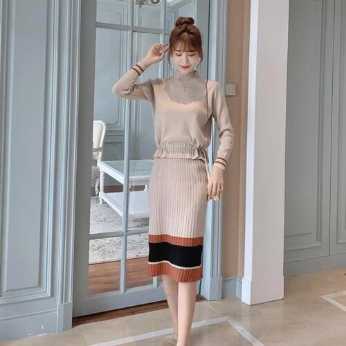 2020 Autumn Striped Knitted Long Sleeve Sweet Women Pullover Sweater+High Waist Beautiful 2 Piece Skirt Set