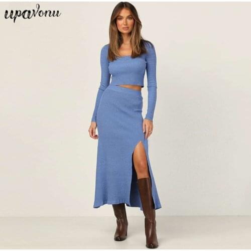 Free Shipping Sexy Split Knit Skirt Set Womens Square Neck Long Sleeve Short Knit Sweater & Elastic Knit Skirt Two-piece Suit