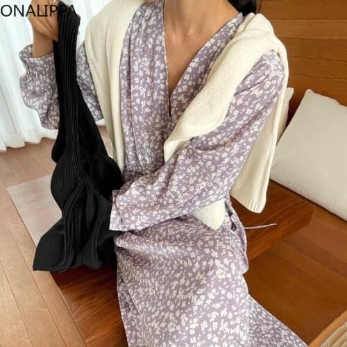 ONALIPPA V-neck Full Screen Floral Dress Female Simple Retro Elegant Temperament Lace Waist Slim Design Long-Sleeved Vestidos
