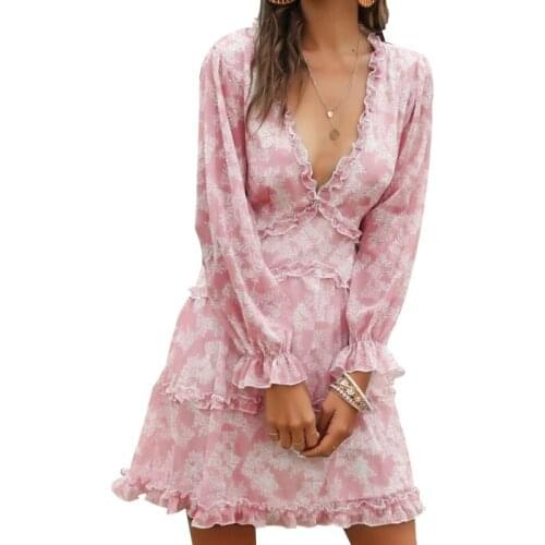 50JB Women Long Sleeve Ruffle Layer Backless Swing Mini Dresses Summer Casual Sexy